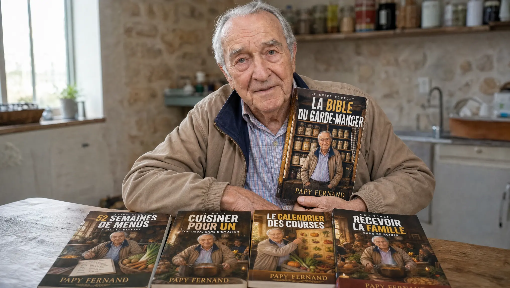 Papy Fernand tenant La Bible du Garde-Manger, avec les quatre livres de la collection et les bonus